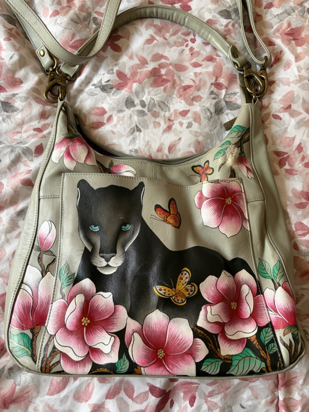 Anuschka Gray Shoulder Bag with Black Panther and Pink Floral Art - Picture 2 of 5
